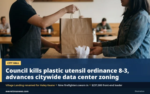 Everett Council Kills Plastic Utensil Ordinance 8-3, Advances Citywide Data Center Zoning and Renames Village Landing for Haley Keane