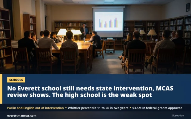 No Everett School Still Needs State Intervention, MCAS Review Shows, but High School Achievement Lags; Parent Describes a Year of Fighting for a Parking Space at Webster Extension