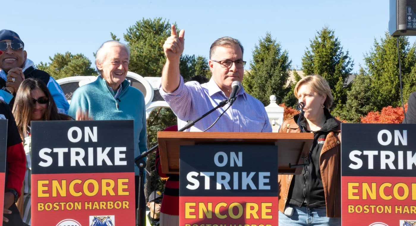 Van Campen and Markey Rally With Encore Strikers as the Walkout Passes Seven Weeks. Casino Says an Offer Is on the Table